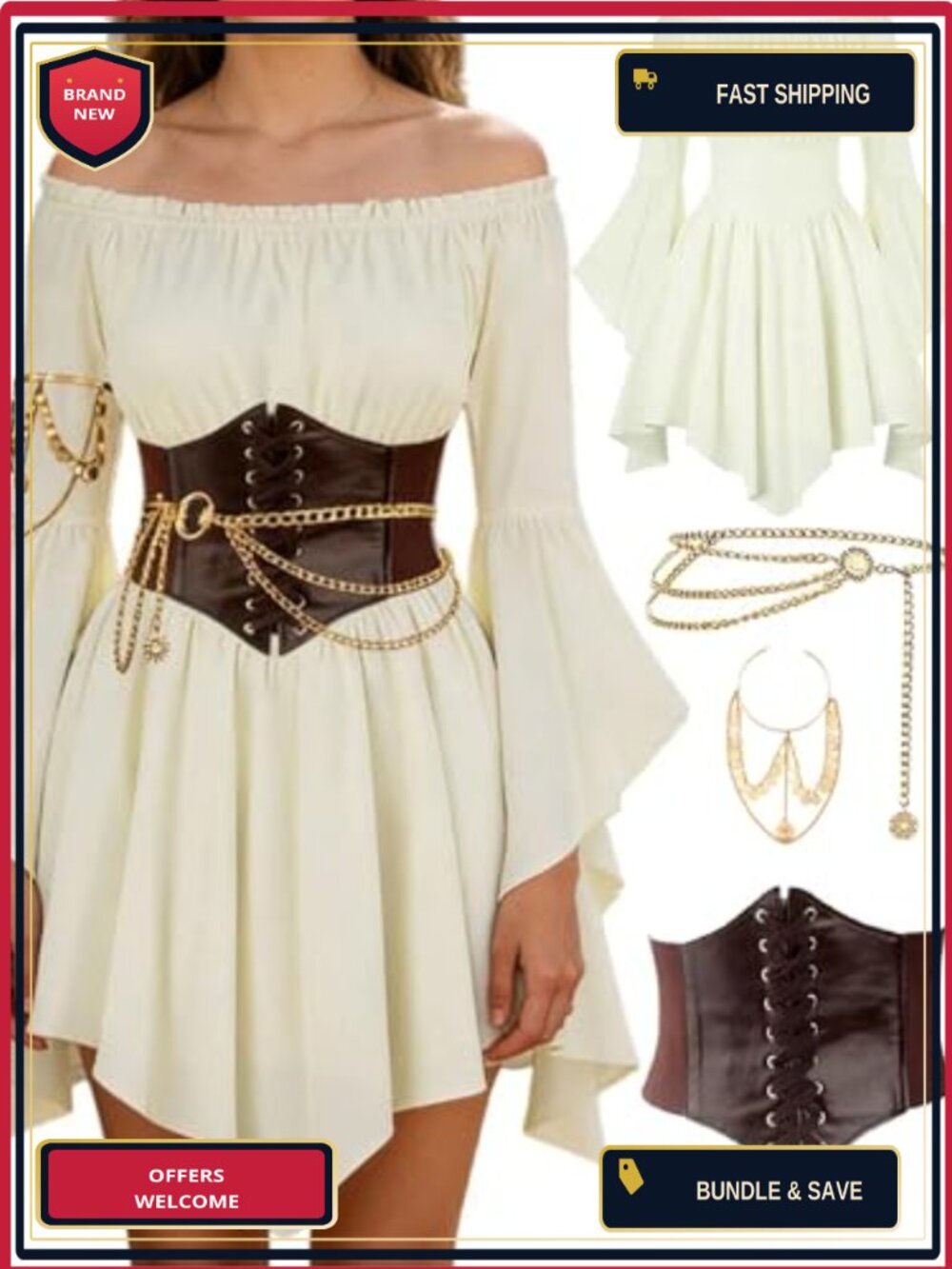 Renaissance Pirate Costume Set PU Leather Corset Fairy Dress 4 Piece
